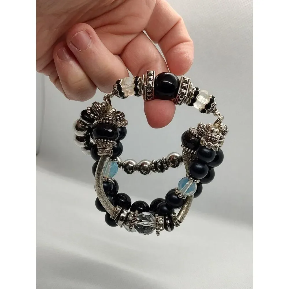 Multi-Stranded Black Silver Tone Elastic Stretch Opalite Beaded Bracelet 7.5